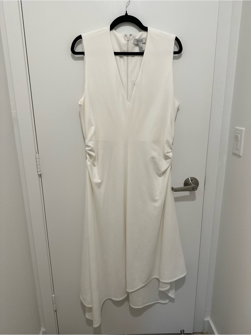 NWT COS Gathered Asymmetric Midi Dress Ivory Cream Sz L Defect $135 MSRP